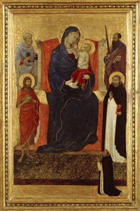 Jomfru og barn på tronen med de hellige Peter, Paulus, Johannes Døberen, Dominikus og en donor, 1325-35