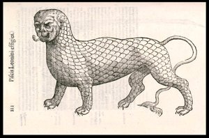 Monstervæsen: en løve dækket med fiskeskæl (eller løvefisk). Gravering af Ulisse Aldrovandi (1522-1605), "Monstrorum Historiae", Bologna 1642