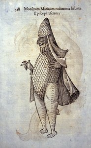 Havets eveque, imaginære fisk og havmonster af Ulisse Aldrovandi (1522-1605), "Monstrenes historie"", Bologna 1642