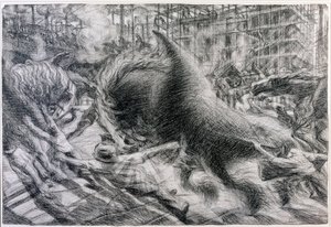 Futurisme: "" La citta che dirty"" (Den stigende by). Tegning på pap af Umberto Boccioni (1882-1916) af Umberto Boccioni