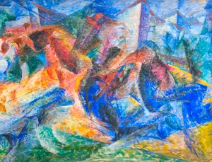 Hest, rytter og bygninger af Umberto Boccioni