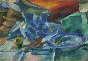 Stilleben med keramik, bestik og frugt, 1915