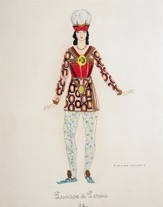 Kostume til Prinsen af Persien fra Turandot af Giacomo Puccini, skitse af Umberto Brunelleschi (1879-1949) til den første opførelse af operaen i Teatro alla Scala i Milano, 25. april