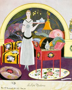 Scene i moderne stil, teatralske omgivelser, akvarel af Umberto Brunelleschi