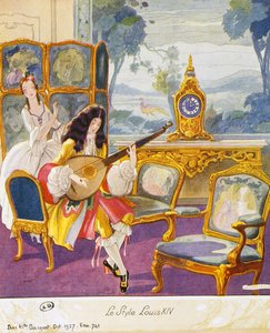 Scene i stil med Louis XIV, teatralske omgivelser, akvarel af Umberto Brunelleschi