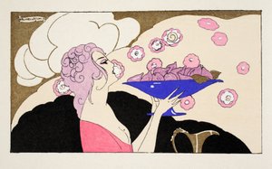Kvinde holder en skål med figner (pochoir print) af Umberto Brunelleschi