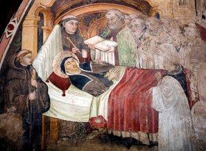 Sankt Scolasticus død (v. 480- v. 543), søster til Sankt Benedikt af Nursie Hun er omgivet af benediktinermunke. Fresko af Umbrien-skolen i det 15. århundrede. Klosteret Saint Benedetto (Sacro Speco), Subiaco (Rom), Italien