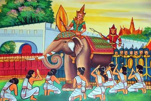 20151029, Vientiane, Laos: Wat Si Muang (Simuong) buddhisttempel. Maleri, der skildrer Shakyamuni Buddhas livshistorie af Unbekannt