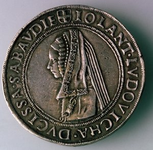 4-Testoon. Hertugdømmet Savoyen, Italien, bagside: Iolanta Ludovica, hertuginde af Savoyen, 1497-1504 af Unbekannt