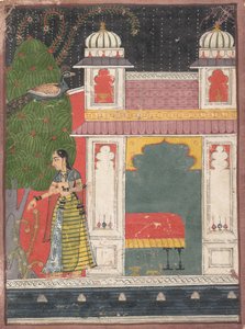 En heltinde plukker en blomst: Side fra en spredt Nayika Bheda, ca. 1660-80. af Unbekannt