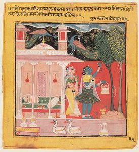 En dame, der plukker blomster med påfugle, Gunakali Ragini fra Malkos, fra Chawand Ragamala, 1605. af Unbekannt