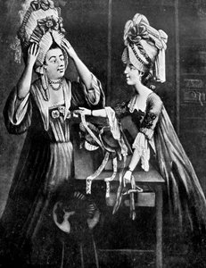 A Milliners Shop, Mrs Monopolise, slagterkonen, køber en moderne hovedkjole, 1772 af Unbekannt