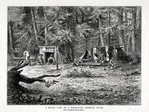 En minelejr ved en nordvestamerikansk flod, 1877 af Unbekannt