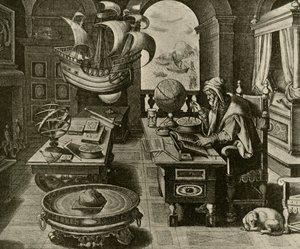 En navigationsekspert på arbejde i sit studie med globe og kompas, c1591, 1928. af Unbekannt