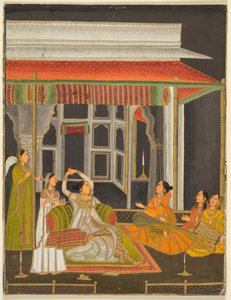 En prinsesse på en terrasse med ledsagere om natten, ca. 1760. af Unbekannt
