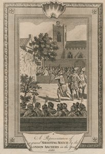En repræsentation af en storslået skydekamp af London Archers i år 1583. af Unbekannt