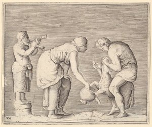 A Woman Collecting Blood from a Sheep, udgivet ca. 1599-1622. af Unbekannt