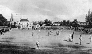 En cricketkamp i gang på Kennington Oval, London, 1848 1912 af Unbekannt