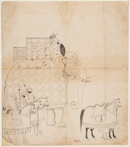 En tegning af Caparisoned Elephant and Horses, ca. 1760. af Unbekannt
