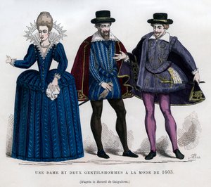 En dame og to herrer i fransk kjole fra 1605 1882-1884 af Unbekannt