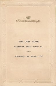 En menu til The Grill Room på Piccadilly Hotel, London, 1920 af Unbekannt