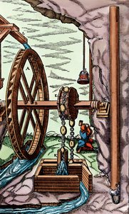 En mine bliver drænet af en klude-og-kæde pumpe drevet af et overskudt vandhjul, 1556 af Unbekannt