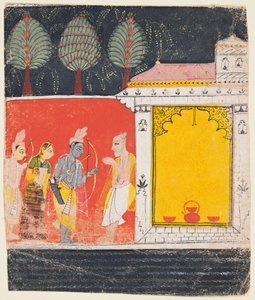 En side fra en Ramayana: En natscene af Rama, Lakshman og Sita før rishi..., ca. 1650. af Unbekannt