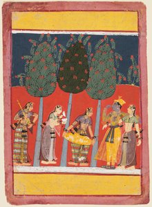 En side fra en Rasikapriya-serie: Krishna og Radha og Sakhierne med musikinstrumenter, ca. 1650 af Unbekannt