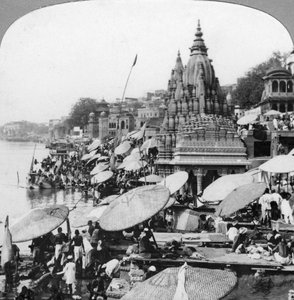 Et tempel og ghats på Ganges ved Benares Varanasi, Indien, 1900-tallet af Unbekannt