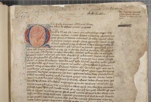 En afskrift, i tre hænder, af de filosofiske værker af Marcus Tullius Cicero, tilsyneladende hentet fra editio romana fra 1471, med marginalia i hånden af Archibald Whitelaw og andre, ca. 1480 (blæk på pergament) af Unbekannt