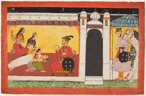 En kvinde besvimer foran en prins, en natscene fra en Madhavanala Kamakandala-serie, ca. 1700. af Unbekannt