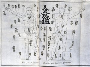 Akupunktur: kort over den menneskelige krop, der angiver moxibustionspunkter, Japan (diagram relateret til moxa, c 1690) af Unbekannt
