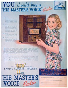 Annonce for His Masters Voice-radioer, 1936 af Unbekannt