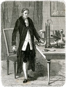 Alessandro Volta, italiensk fysiker, demonstrerer sit elektriske batteri, c1800 c1870 af Unbekannt