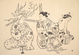 En Oiran, der sidder i en stue, anvender brandbehandlingen på en anden kvindes blottede ryg. af Unbekannt