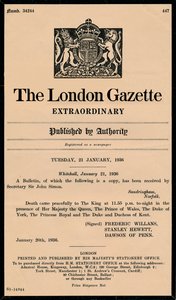 En ekstraordinær bulletin fra The London Gazette, der annoncerer kong George Vs død 1865-1936 af Unbekannt