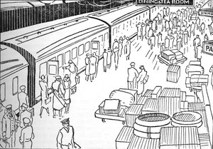 En illustration af en jernbanestation fra 1930