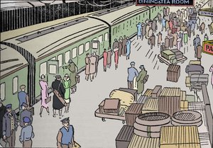 En illustration af en jernbanestation fra 1930