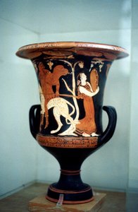 Oldgræsk vase med rød figurdekoration, inklusive en kvindelig danserinde, 5. århundrede f.Kr af Unbekannt