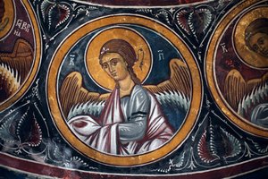 Englemedaljon omkring Kristus og den sidste dom Detalje af den byzantinske fresco fra Narthex-hvælvingen i kirken Asinou Sidste domsscene 1300-tallet (1332) UNESCO, verdens kulturarvssted Troodos-regionen, Cypern af Unbekannt