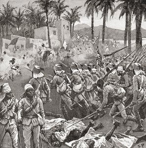Anglo-egyptiske tropper stormer landsbyen Ferkeh i slaget ved Ferkeh eller Firket, 7. juni 1896, under Mahdist-krigen. af Unbekannt