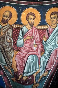 Apostlenes repræsentation omkring Kristus og den sidste dom Detalje af den byzantinske fresco fra Narthex-hvælvingen i kirken Asinou Sidste domsscene 1300-tallet (1332) UNESCO, verdens kulturarv Troodos-regionen, Cypern af Unbekannt