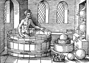 Archimedes c287-212 f.Kr., oldgræsk matematiker og opfinder, i sit bad af Unbekannt