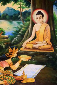 Den asketiske Buddha blev tilbudt en skål mælke-rismel om morgenen hans oplysning af Nandabala. Maleri, der skildrer Shakyamuni Buddhas livshistorie. Wat Ong Teu smuk. Den tunge Buddhas tempel. Ventiane. Laos, 20151028, Vientiane, Laos af Unbekannt