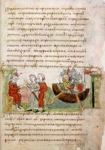 Askold og Dir spurgte af Rurik om tilladelse til at tage til Konstantinopel fra Radziwill Chronicle, 1400-tallet af Unbekannt