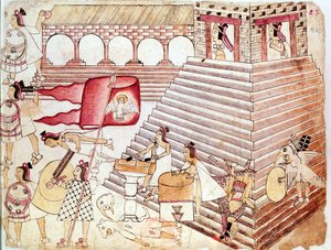 Aztekiske krigere forsvarer templet i Tenochtitlan, Mexico af Unbekannt