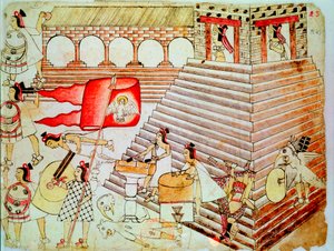 Aztekiske krigere forsvarer Tenochtitlans tempel mod Conquistadors, 1519-1521 af Unbekannt