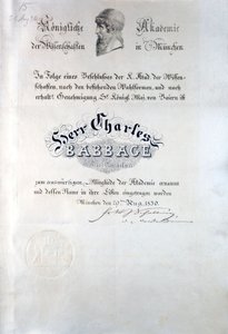 Babbage Diploma fra Royal Academy of Sciences München af Unbekannt