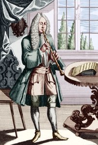 Barok obo musiker billedtekst lyder - Man playing hautboy (eller hautbois), som er tidlig obo Gravering af J C Weigel (1661-1726) fra Musikalisches Theatrum. af Unbekannt