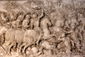 Basilica of St, Denis, Grav af Frans 1, konge af Frankrig og Claude af Frankrig, Foundations lavrelief, Skildring af slaget ved Cerisoles, her det franske kavaleri over for de kejserlige tropper, Saint-Denis, Frankrig af Unbekannt